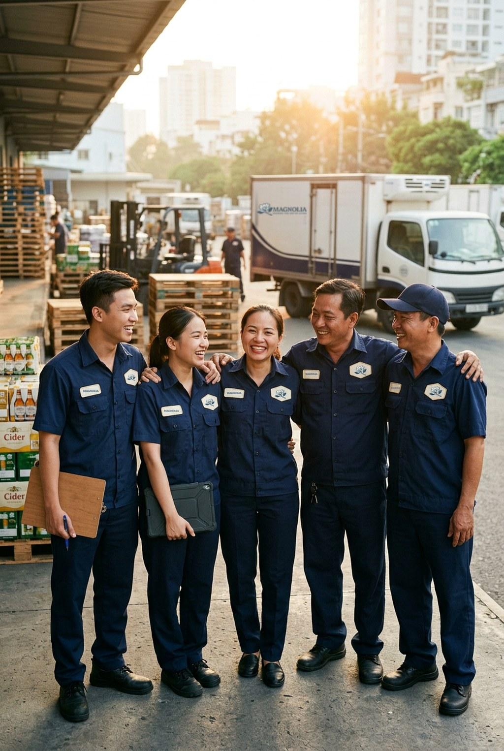 Đội ngũ Magnolia trong đồng phục navy có logo Magnolia, gồm kinh doanh, văn phòng, kho và tài xế